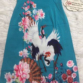 Set áo dài cách tân tơ nhung nền xanh in chim hạc