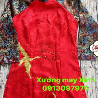 Set áo dài cách tân Gấm taffta đỏ kết chim phụng