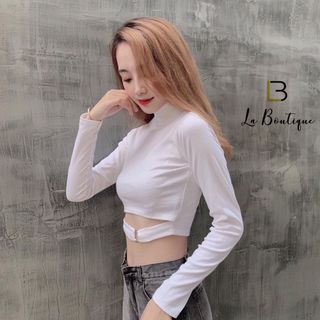 Áo croptop cổ cao gắn khoen tay dài