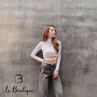 Áo croptop cổ cao gắn khoen tay dài