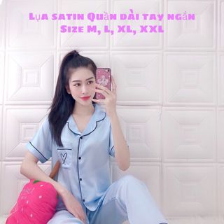 Bộ lụa satin màu trơn quần dài tay ngắn