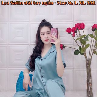 Bộ lụa satin màu trơn quần dài tay ngắn