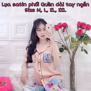 Bộ lụa satin phối 2 túi quần dài tay ngắn