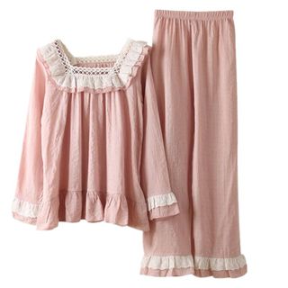 Đồ bộ pijama bánh bèo ren cổ vuông nữ vải thô qc cao cấp giá sỉ