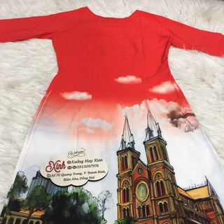Set áo dài cách tân tơ nhung nền đỏ in phong cảnh