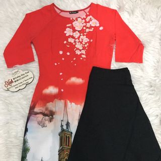 Set áo dài cách tân tơ nhung nền đỏ in phong cảnh