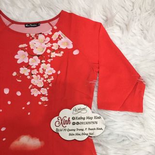 Set áo dài cách tân tơ nhung nền đỏ in phong cảnh
