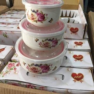 Bộ 3 bát hoa hồng không tai