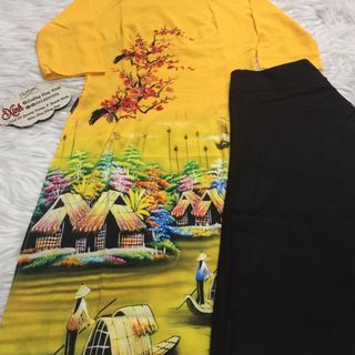 Set áo dài cách tân tơ nhung nền vàng in cảnh làng quê