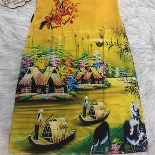 Set áo dài cách tân tơ nhung nền vàng in cảnh làng quê