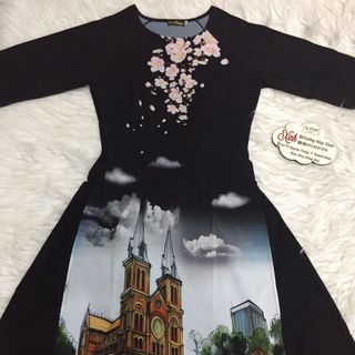 Set áo dài cách tân tơ nhung nền đen in phong cảnh