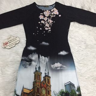 Set áo dài cách tân tơ nhung nền đen in phong cảnh