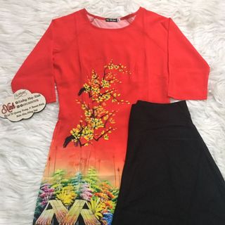 Set áo dài cách tân tơ nhung nền đỏ in cảnh làng quê