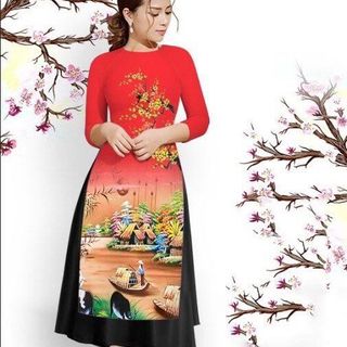Set áo dài cách tân tơ nhung nền đỏ in cảnh làng quê