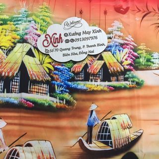 Set áo dài cách tân tơ nhung nền đỏ in cảnh làng quê