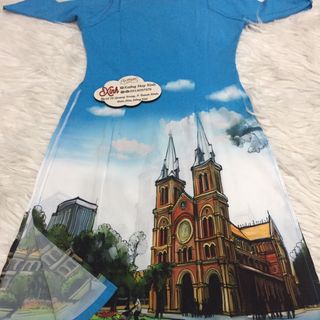 Set áo dài cách tân tơ nhung nền xanh in phong cảnh