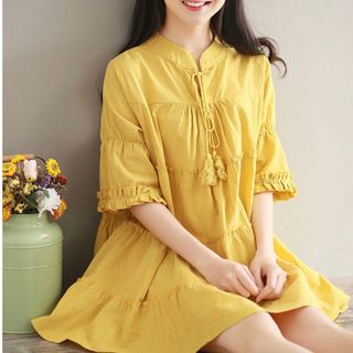 DX923 - Đầm Xòe Babydoll Phối Tầng Đầm Babydoll Vàng Nơ Cổ Đầm Baby Doll Đáng Yêu