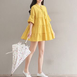 DX923 - Đầm Xòe Babydoll Phối Tầng Đầm Babydoll Vàng Nơ Cổ Đầm Baby Doll Đáng Yêu
