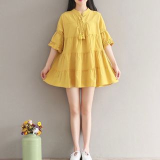 DX923 - Đầm Xòe Babydoll Phối Tầng Đầm Babydoll Vàng Nơ Cổ Đầm Baby Doll Đáng Yêu