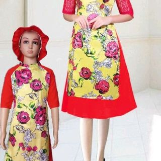 Áo dài mẹ và bé hoa tiết như hình set me và set bé