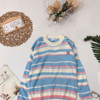 Áo len kẻ sọc thêu hình cute Chất len móc mix màu