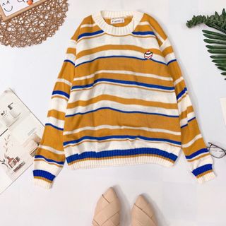 Áo len kẻ sọc thêu hình cute Chất len móc mix màu