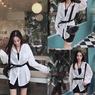 Combo đầm body đen cổ chéo SM trắng form dài
