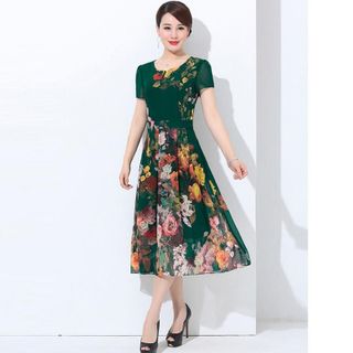 Đầm Hoa In Hình 3D Xòe Xếp Li Cao Cấp