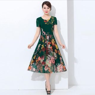 Đầm Hoa In Hình 3D Xòe Xếp Li Cao Cấp
