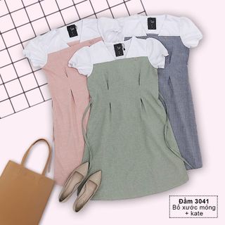 ĐẦM BẦU PHỐI 2 MÀU NHẤN EO 3041