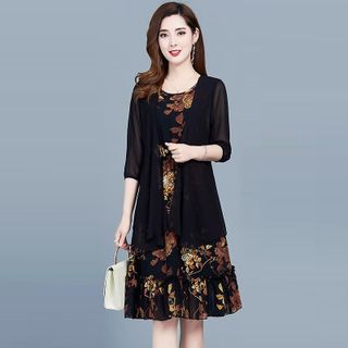 Set Đầm Hai Tầng Và Áo Khoác Voan Đen Cao Cấp