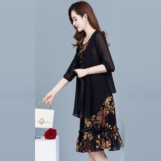 Set Đầm Hai Tầng Và Áo Khoác Voan Đen Cao Cấp