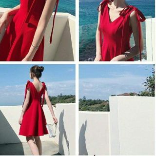 đầm xòe cổ tim phối nơ vai