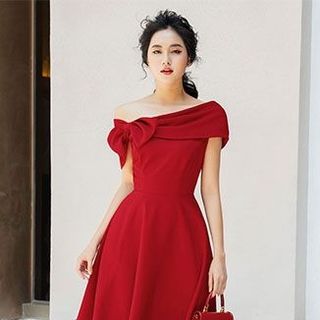 ĐẦM XÒE CỔ ĐỔ NGANG THẮT NƠ MS 2398