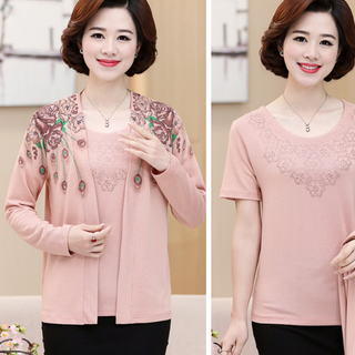 Áo mẹ Set gồm áo và cardigan chất len mỏng hoa văn sang trong trang nhã ạ giá sỉ