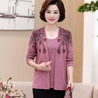 Áo mẹ Set gồm áo và cardigan chất len mỏng hoa văn sang trong trang nhã ạ