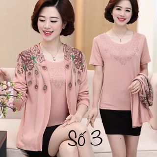 Áo mẹ Set gồm áo và cardigan chất len mỏng hoa văn sang trong trang nhã ạ