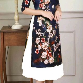 Sét ao dài hoa tiết đào đỏ áo kèm váy