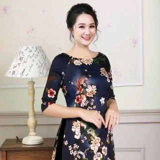 Sét ao dài hoa tiết đào đỏ áo kèm váy