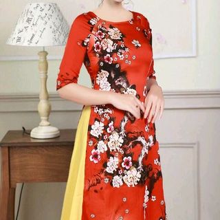 Áo dài cách tân họa tiết hoa đào (áo kèm váy)