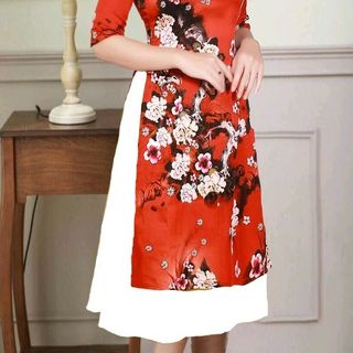 Áo dài cách tân họa tiết hoa đào (áo kèm váy)