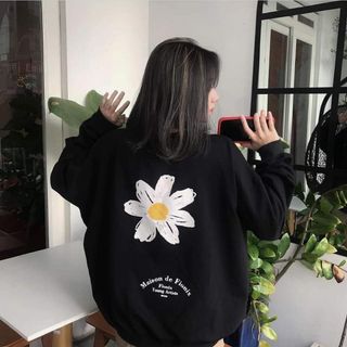 Áo sweater nỉ chui in hoa cúc form bao trùm mông rộng dài