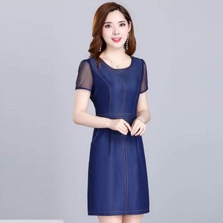 Đầm Jean Ôm Body Phối Tay Voan Lưới