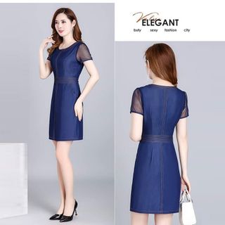Đầm Jean Ôm Body Phối Tay Voan Lưới