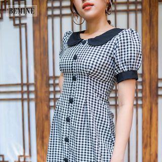 Đầm caro cổ phối đen