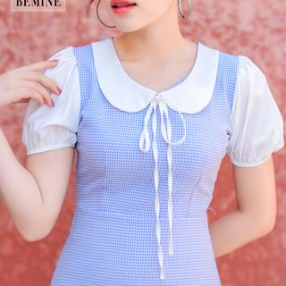 Đầm caro cổ phối trắng
