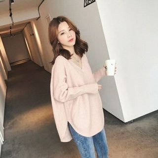 ÁO len Mỏng Tay dài cổ tim tà bầu