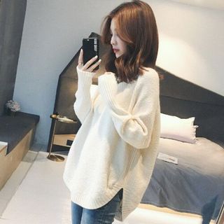 ÁO len Mỏng Tay dài cổ tim tà bầu