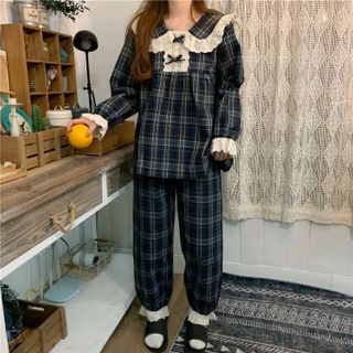 Đồ bộ mặc nhà pijama tdqd bánh bèo carô cổ bèo thô quảng châu