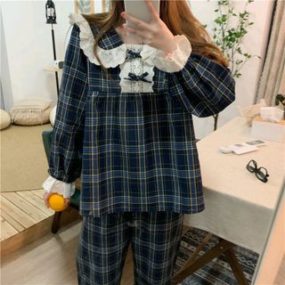 Đồ bộ mặc nhà pijama tdqd bánh bèo carô cổ bèo thô quảng châu